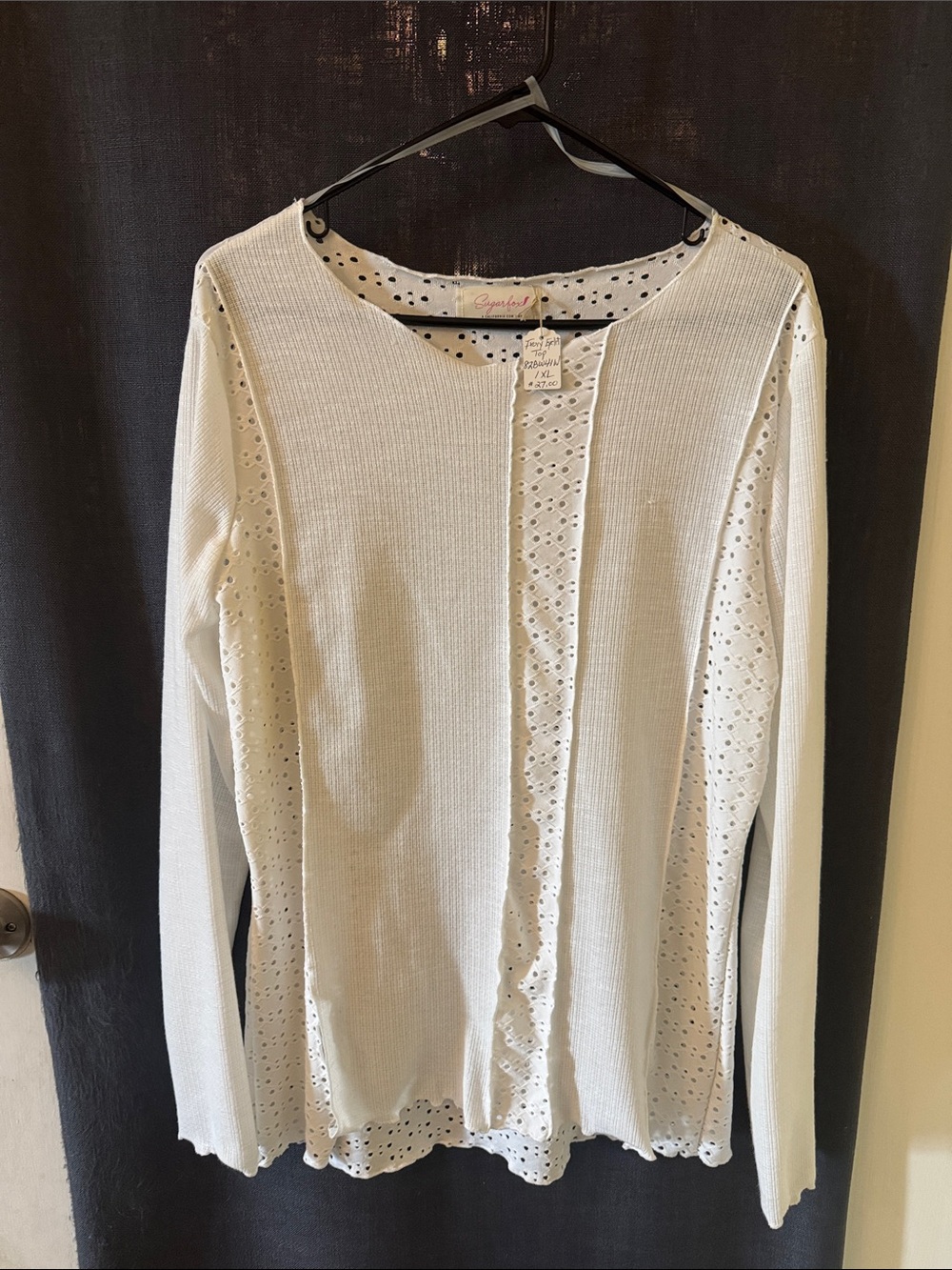 1XL Ivory Eyelet Panel Long Sleeve Top